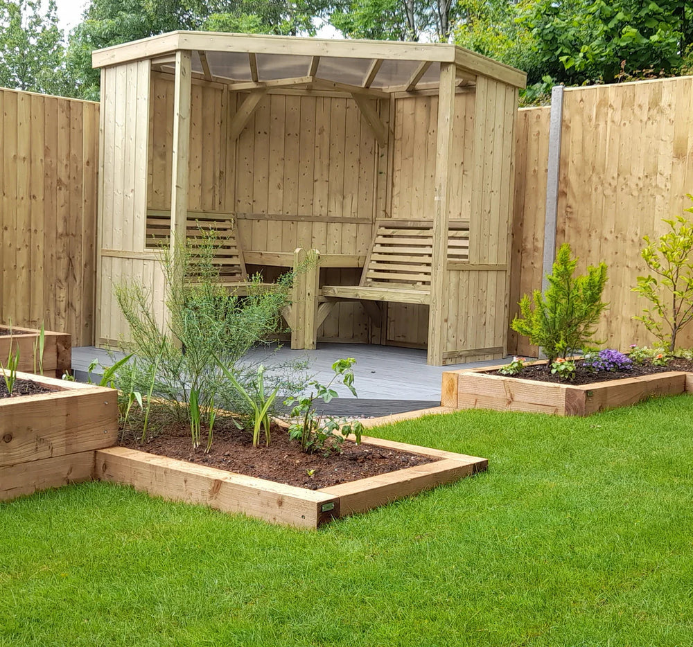 Four Seasons Chunky Wooden Corner Garden Arbour with Double Bench