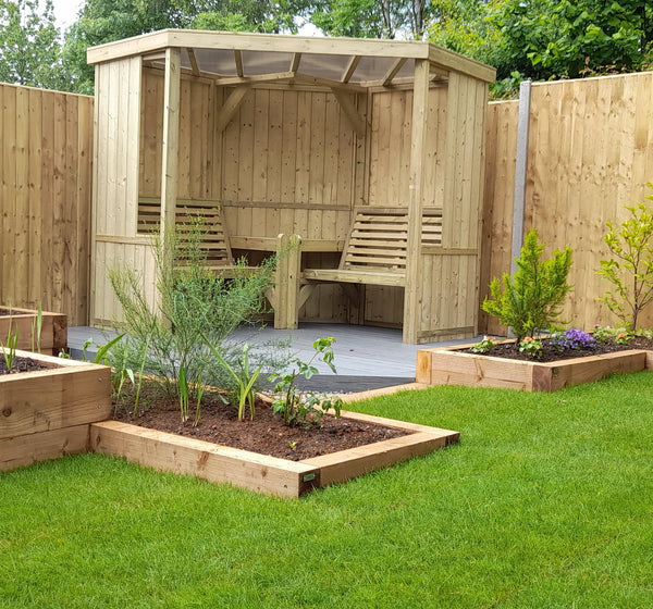 Four Seasons Chunky Wooden Corner Garden Arbour with Double Bench