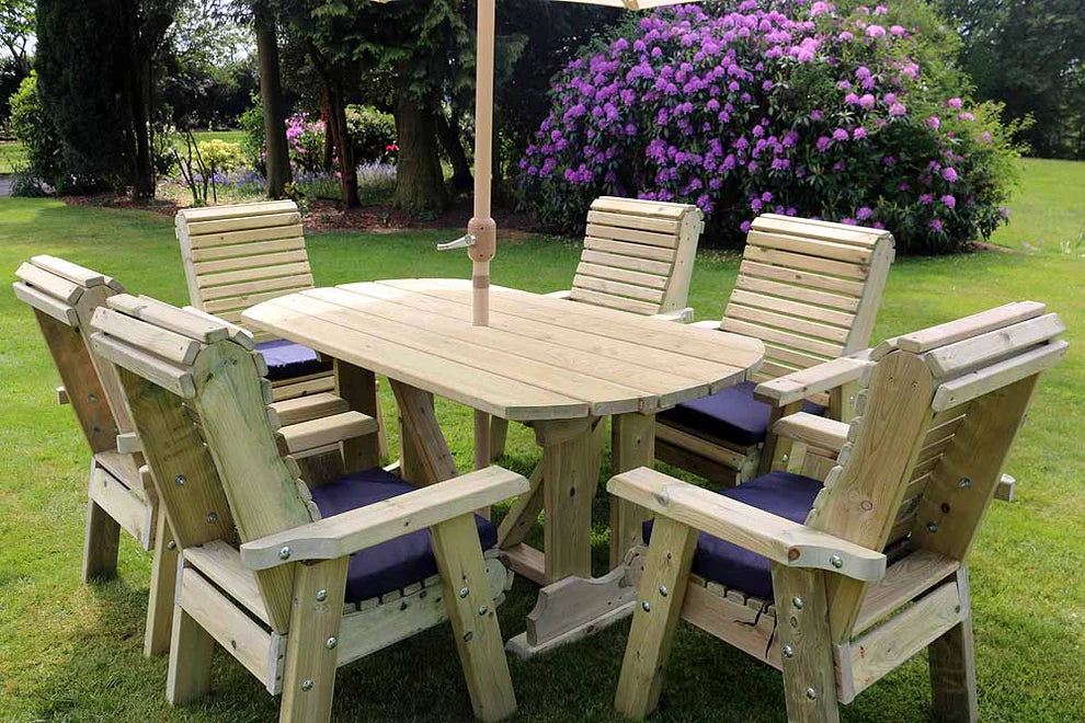 Ergo 6 Seats Chunky Wooden Garden Dining Table Set with 6 Chairs