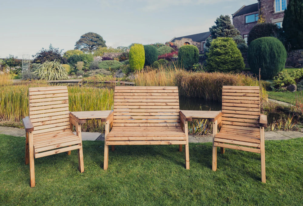 Valley 4 Seat Wooden Companion Love Seat Garden Bench & 2 Chairs with Angled Trays