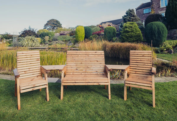 Valley 4 Seat Wooden Companion Love Seat Garden Bench & 2 Chairs with Angled Trays