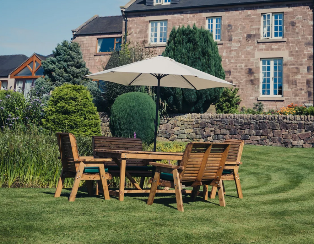 Valley 6 Seater Chunky Wooden Garden Dining Set with 2 Benches & 2 Chairs