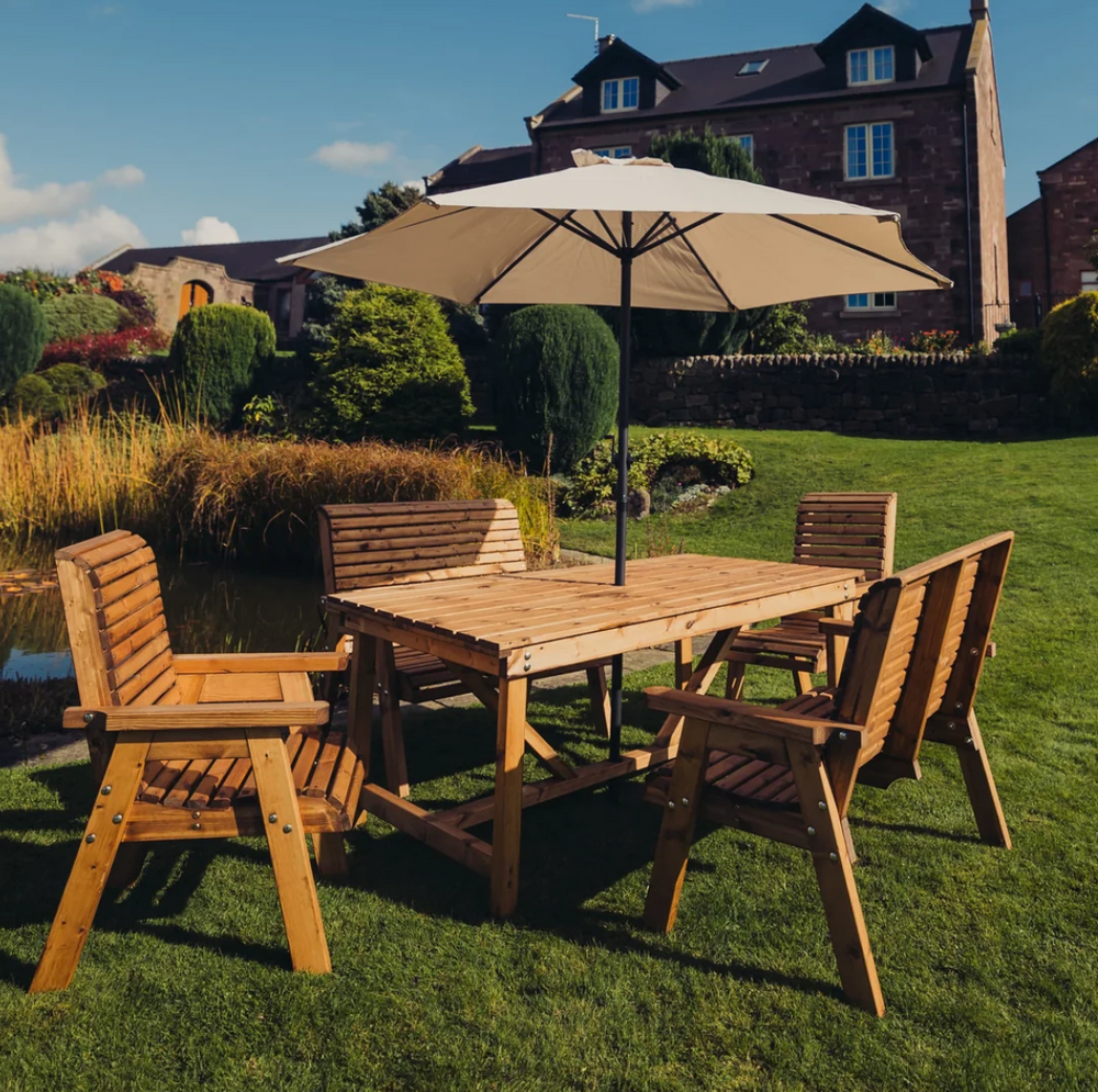 Valley 6 Seater Chunky Wooden Garden Dining Set with 2 Benches & 2 Chairs