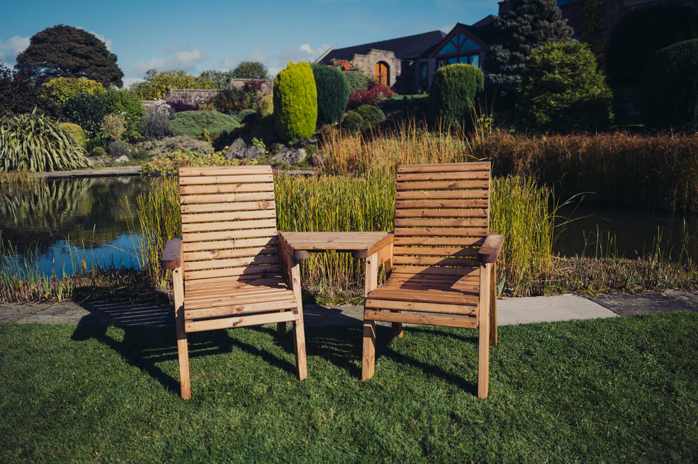 Valley Wooden Garden Companion Love Seats with Angled Central Tray