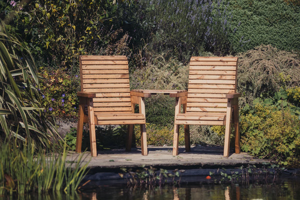 Valley Wooden Garden Companion Love Seats with Angled Central Tray