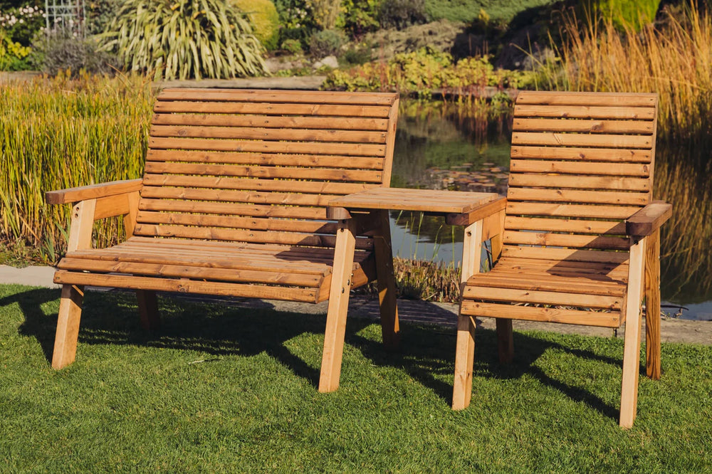 Valley Trio Wooden Garden Companion Love Seat & Bench with Straight Central Tray
