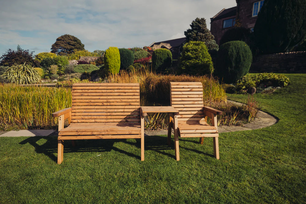 Valley Trio Wooden Garden Companion Love Seat & Bench with Straight Central Tray
