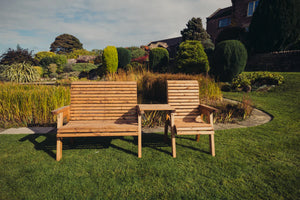 Valley Trio Wooden Garden Companion Love Seat & Bench with Straight Central Tray