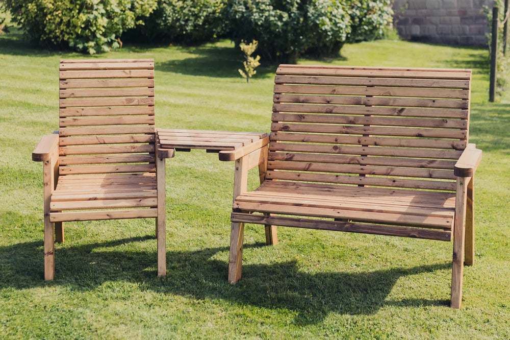 Valley Trio Wooden Garden Companion Love Seat & Bench with Angled Central Tray