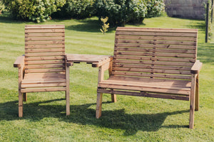 Valley Trio Wooden Garden Companion Love Seat & Bench with Angled Central Tray