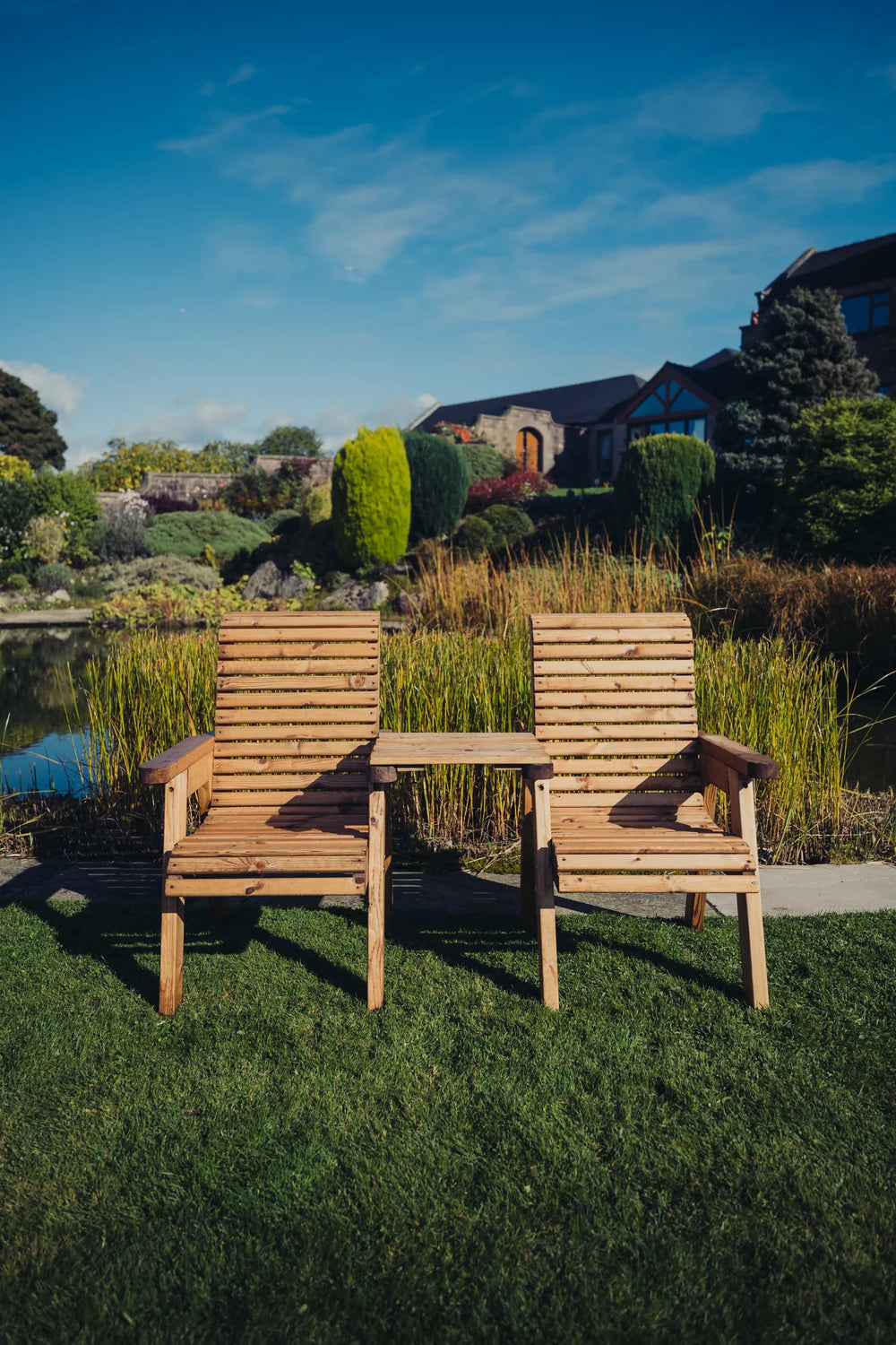 Valley Wooden Garden Companion Love Seats with Straight Central Tray