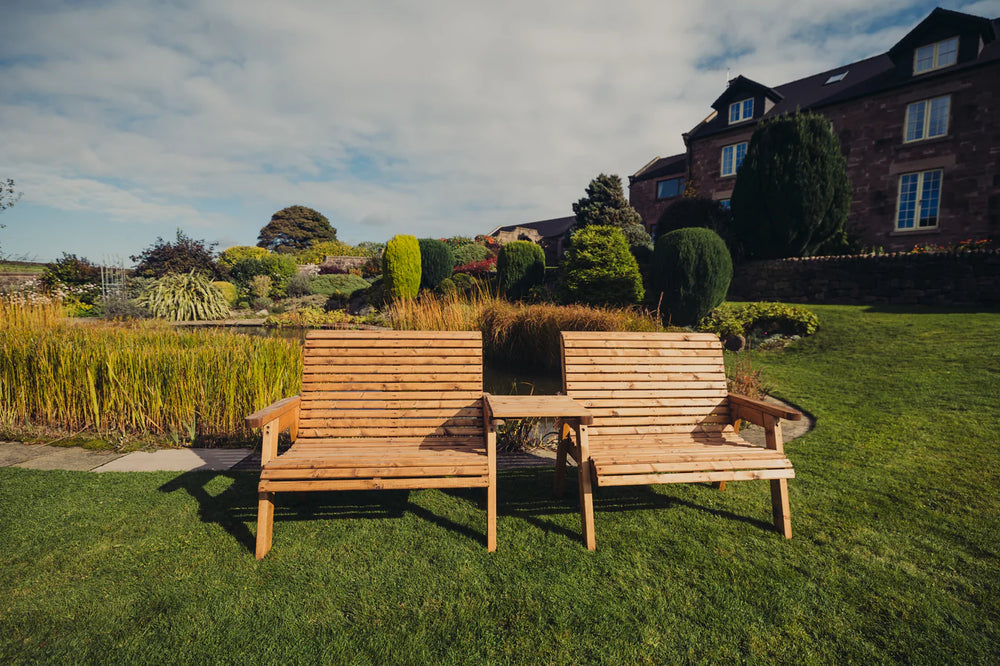 Valley 4 Seat Wooden Garden Companion Love Seat Double Bench with Straight Tray