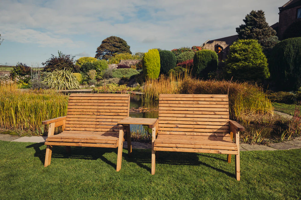 Valley 4 Seat Wooden Garden Companion Love Seat Double Bench with Straight Tray