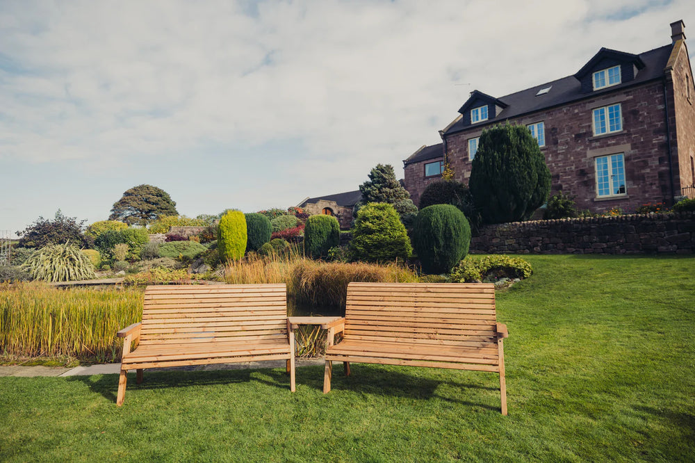 Valley 6 Seat Wooden Garden Companion Love Seat Double Bench with Angled Tray