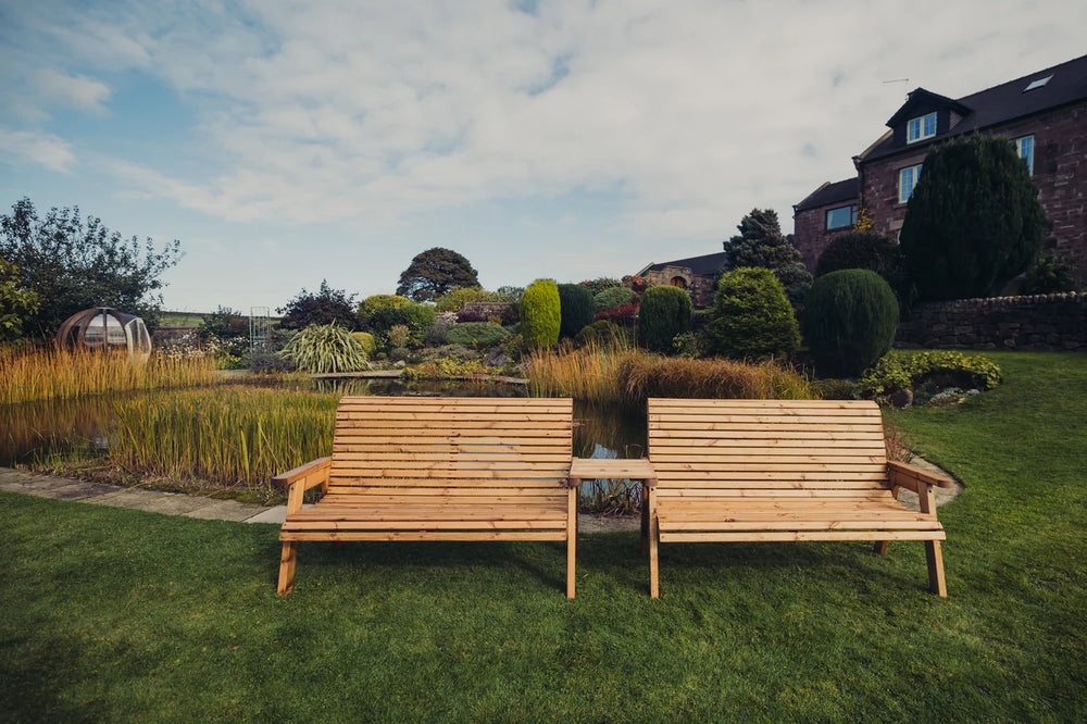 Valley 6 Seater Wooden Garden Companion Love Seat Double Bench with Straight Tray