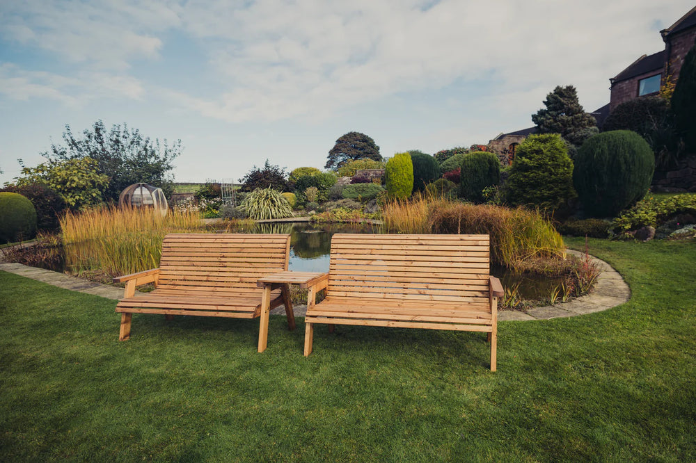 Valley 6 Seater Wooden Garden Companion Love Seat Double Bench with Straight Tray