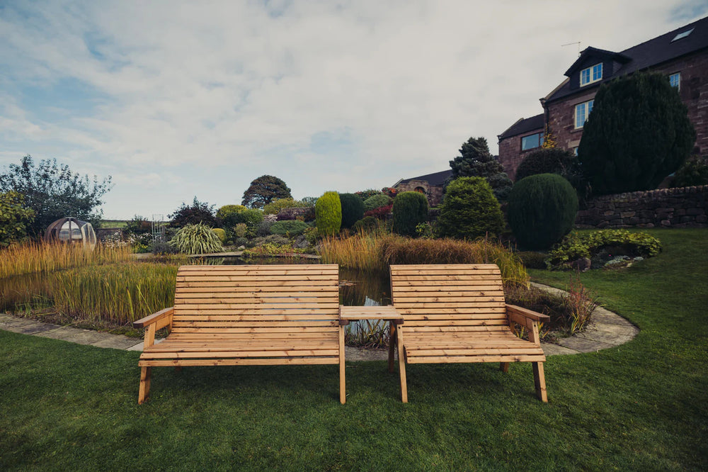Valley 5 Seat Wooden Garden Companion Love Seat & Double Garden Bench with Straight Tray