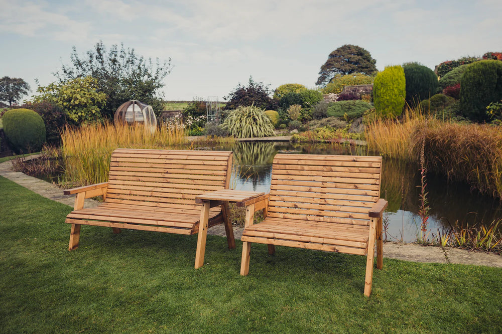 Valley 5 Seat Wooden Garden Companion Love Seat & Double Garden Bench with Straight Tray