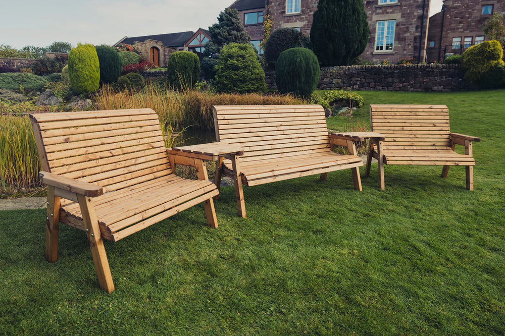 Valley 7 Seat Wooden Trio Companion Love Seat Garden Bench with Angled Trays