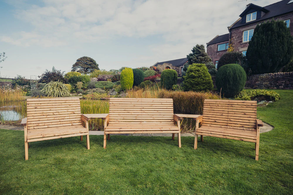 Valley 7 Seat Wooden Trio Companion Love Seat Garden Bench with Angled Trays