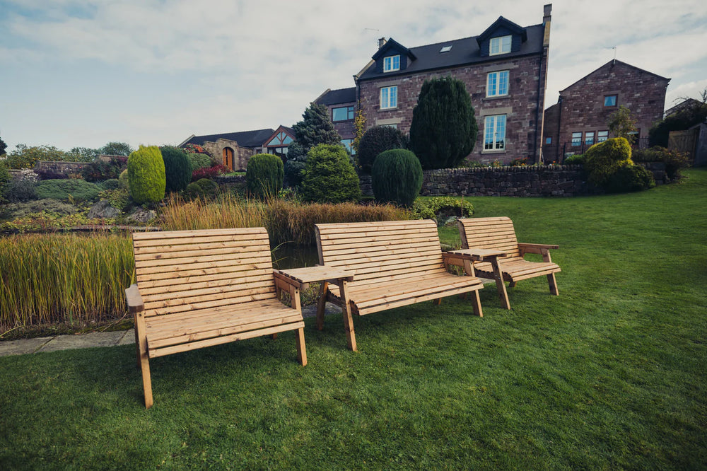 Valley 7 Seat Wooden Trio Love Seat & Triple Garden Bench with Straight Trays