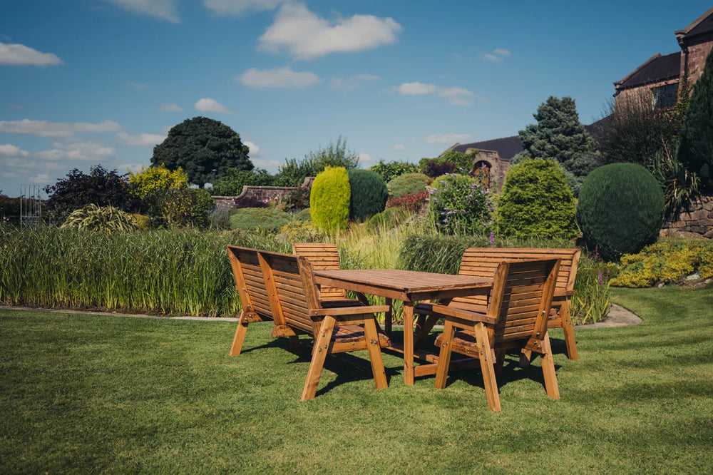 Valley 8 Seater Chunky Wooden Garden Dining Set with 2 Triple Benches & 2 Chairs