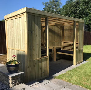 Riviera Enclosed Large Chunky Wooden Garden Arbour with Triple Benches