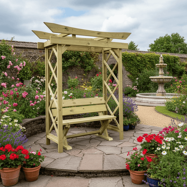 Tokyo 4ft Chunky Wooden Garden Arbour Archway with Ashcombe Bench